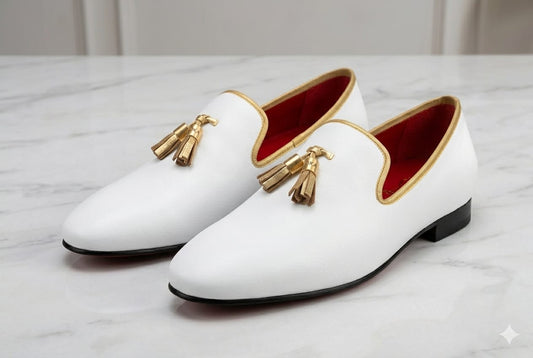 Luxury handcrafted men's loafer by PelleVista featuring a red lacquered sole with black rubber toe cap