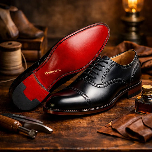 Black handcrafted Pellevista Oxford shoes displayed on a wooden workbench, featuring polished leather uppers and a signature red leather sole, surrounded by traditional shoemaking tools and leather materials.