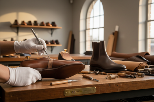 Skilled artisan handcrafting premium leather dress shoes in luxury workshop - efficient shoe manufacturing process
