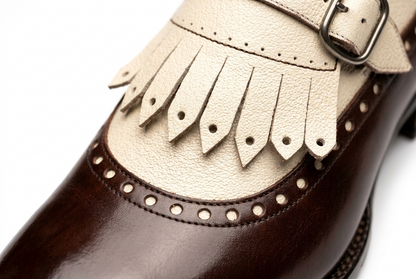 Brown Leather White Fringe Single Monk Shoes | Men's Designer Dress Shoes