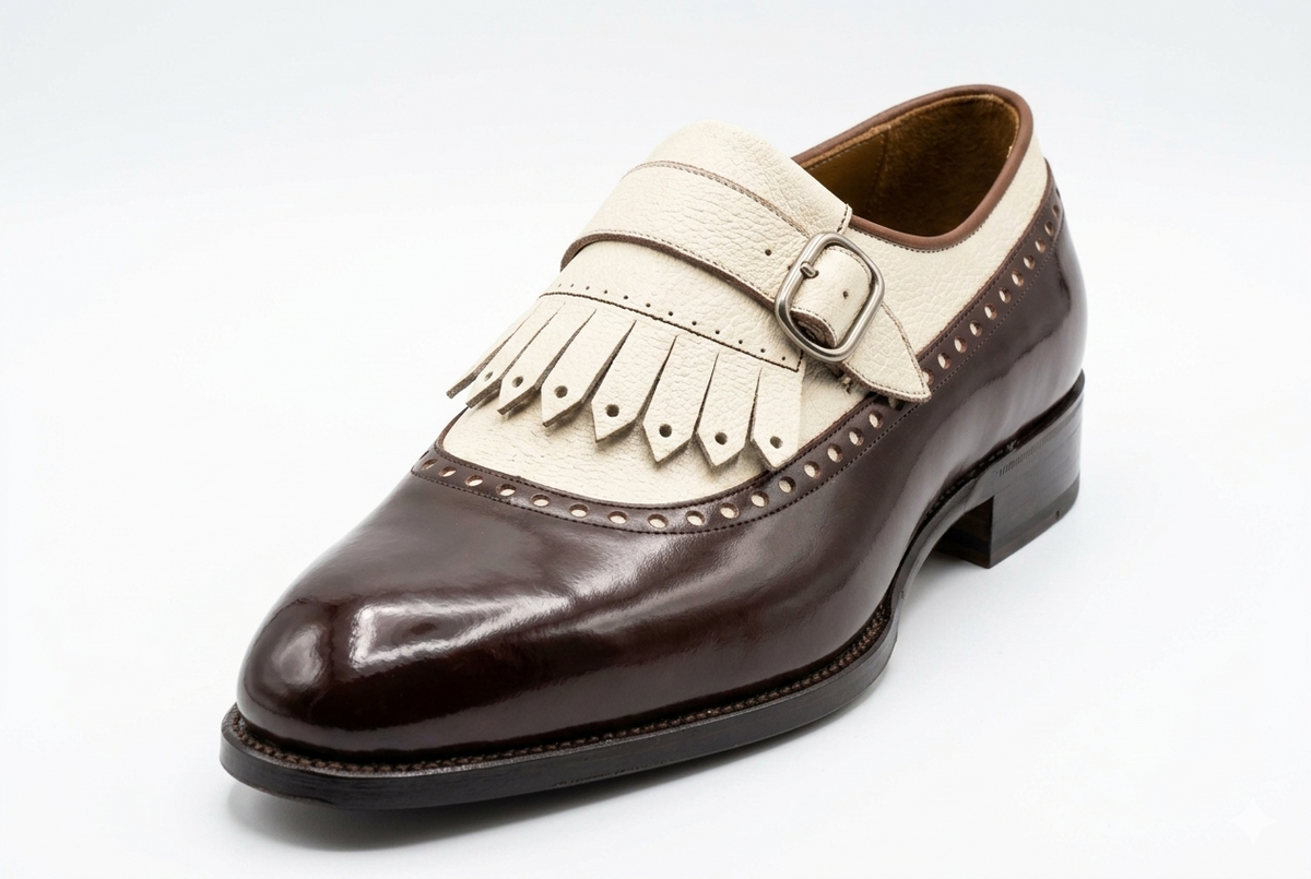 Brown Leather White Fringe Single Monk Shoes | Men's Designer Dress Shoes