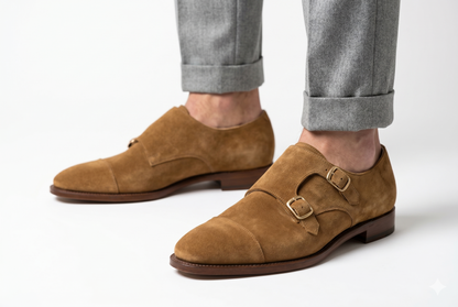 Brown Suede Double Monk Strap Dress Shoes for Men | PelleVista