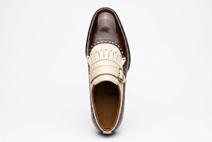 Brown Leather White Fringe Single Monk Shoes | Men's Designer Dress Shoes