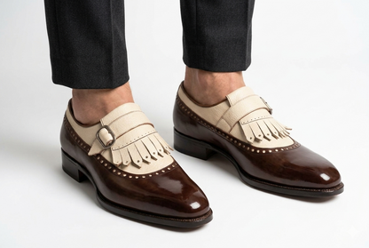 Brown Leather White Fringe Single Monk Shoes | Men's Designer Dress Shoes