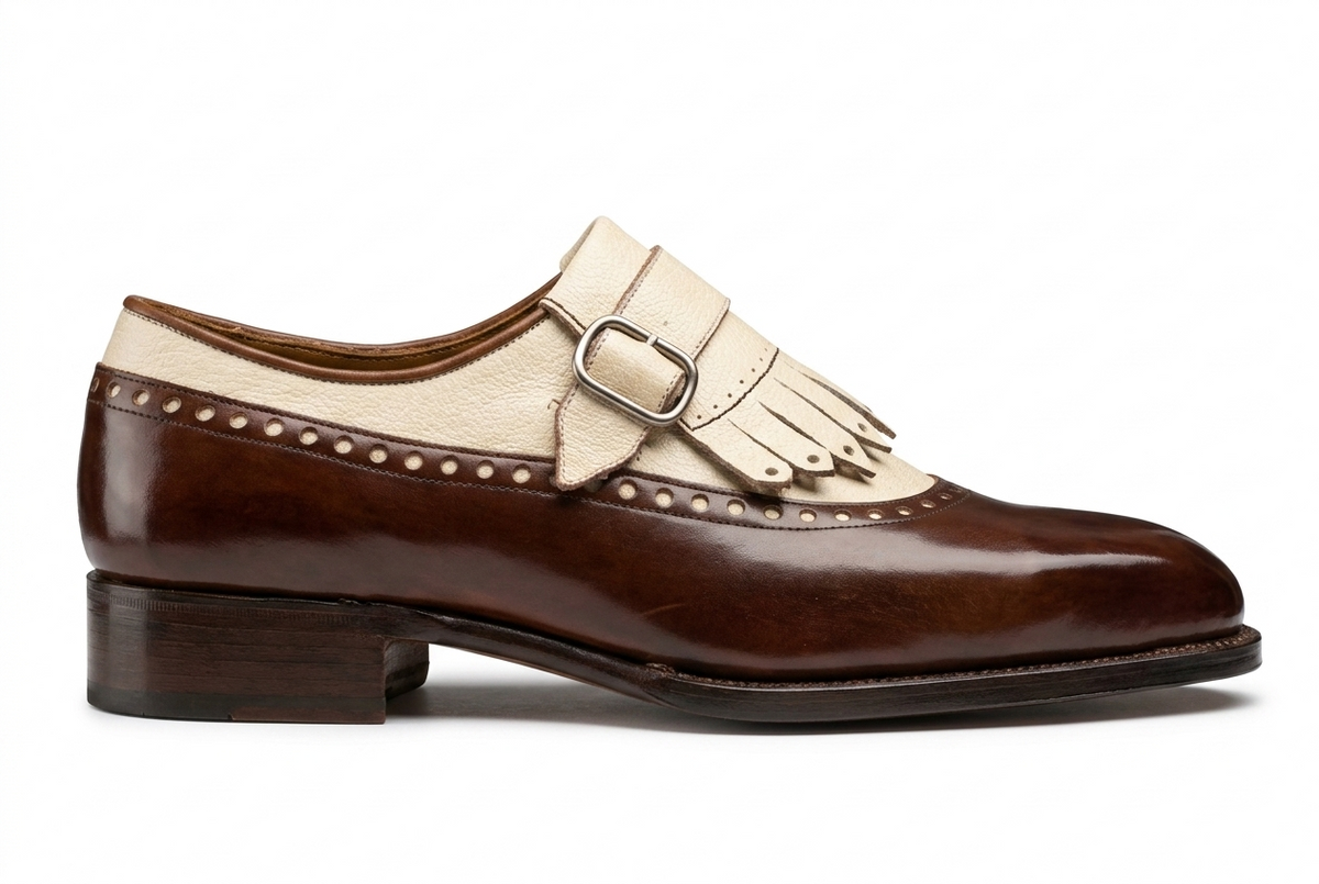 Brown Leather White Fringe Single Monk Shoes | Men's Designer Dress Shoes