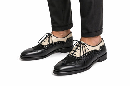 Men's Wingtip Brogue Dress Shoe — Handmade Black & Beige Suede Leather | PelleVista