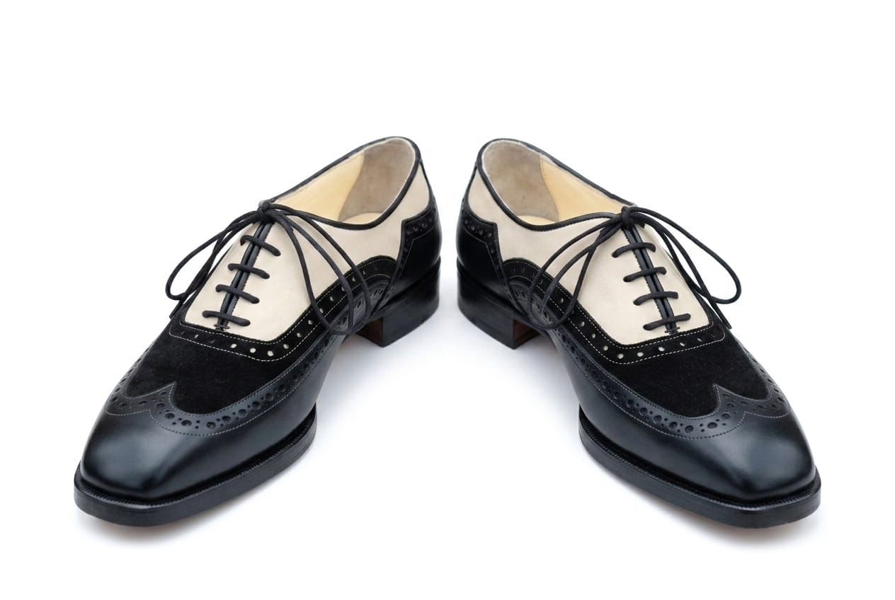 Men's Wingtip Brogue Dress Shoe — Handmade Black & Beige Suede Leather | PelleVista
