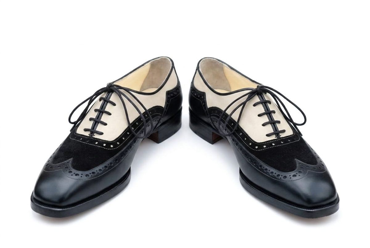 Men's Wingtip Brogue Dress Shoe — Handmade Black & Beige Suede Leather | PelleVista