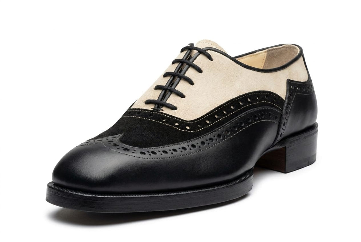 Men's Wingtip Brogue Dress Shoe — Handmade Black & Beige Suede Leather | PelleVista