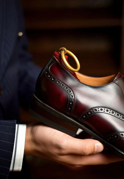 Pellevista Luxury Burgundy Patina Wingtip Brogue Oxford Shoes Men – Gold D-Ring