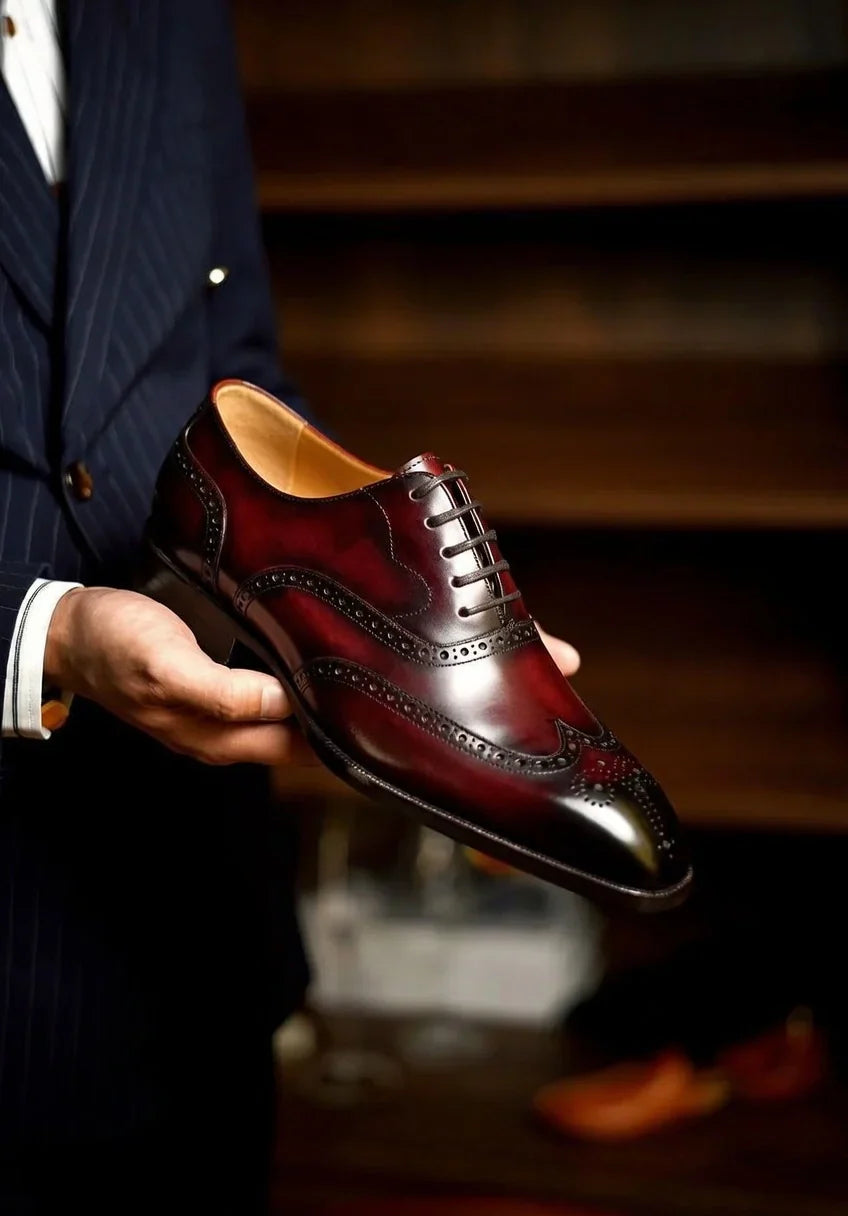 Pellevista Luxury Burgundy Patina Wingtip Brogue Oxford Shoes Men – Gold D-Ring