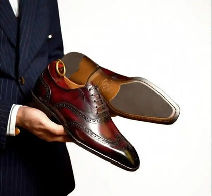 Pellevista Luxury Burgundy Patina Wingtip Brogue Oxford Shoes Men – Gold D-Ring