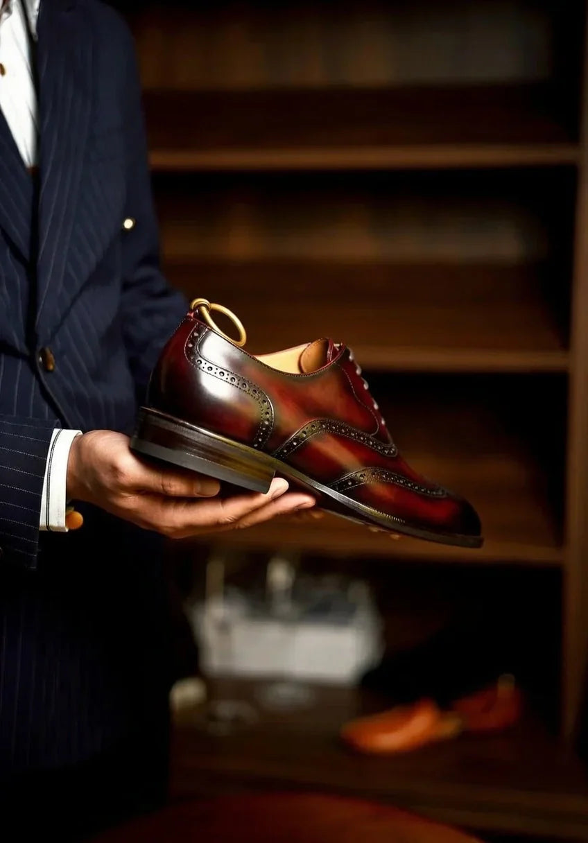 Pellevista Luxury Burgundy Patina Wingtip Brogue Oxford Shoes Men – Gold D-Ring