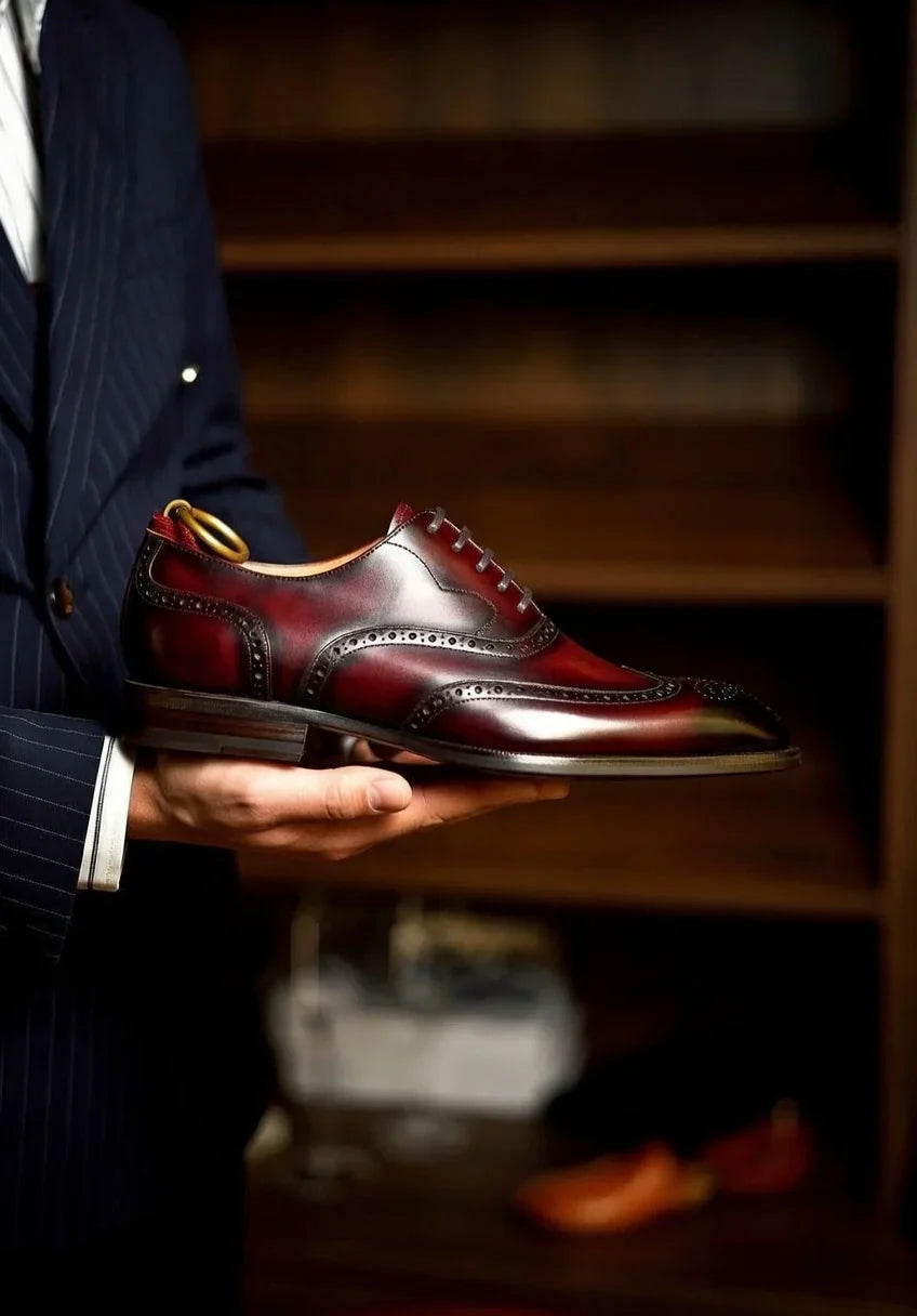 Pellevista Luxury Burgundy Patina Wingtip Brogue Oxford Shoes Men – Gold D-Ring