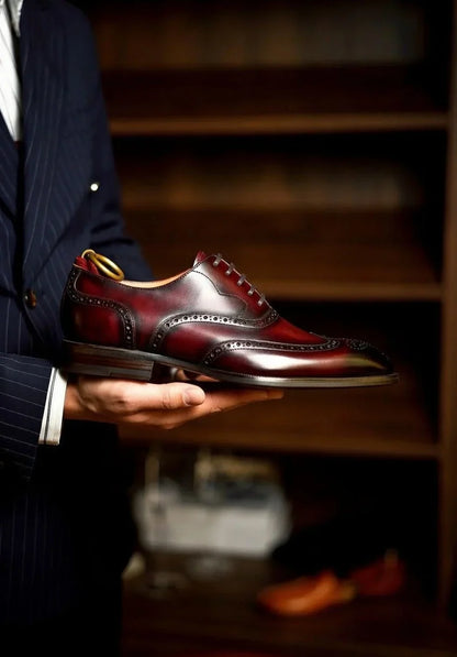 Pellevista Luxury Burgundy Patina Wingtip Brogue Oxford Shoes Men – Gold D-Ring