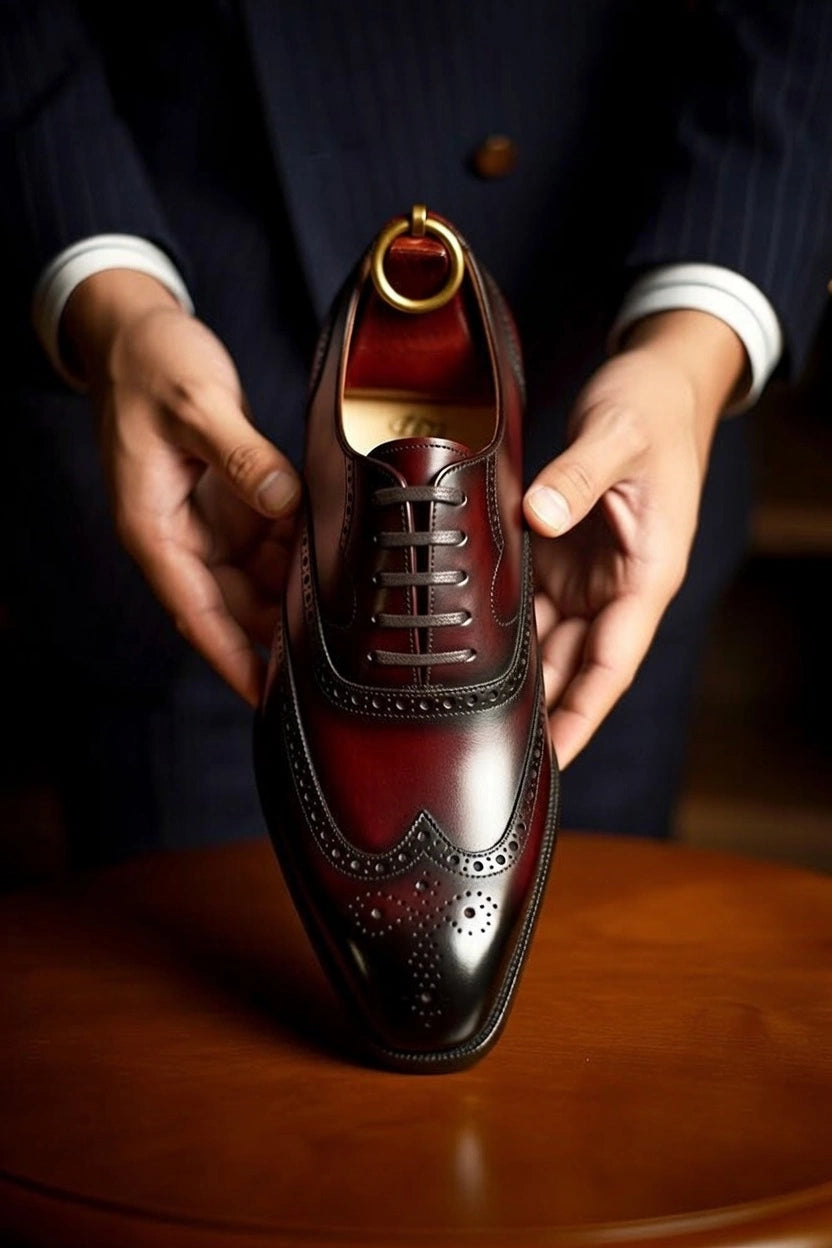 Pellevista Luxury Burgundy Patina Wingtip Brogue Oxford Shoes Men – Gold D-Ring