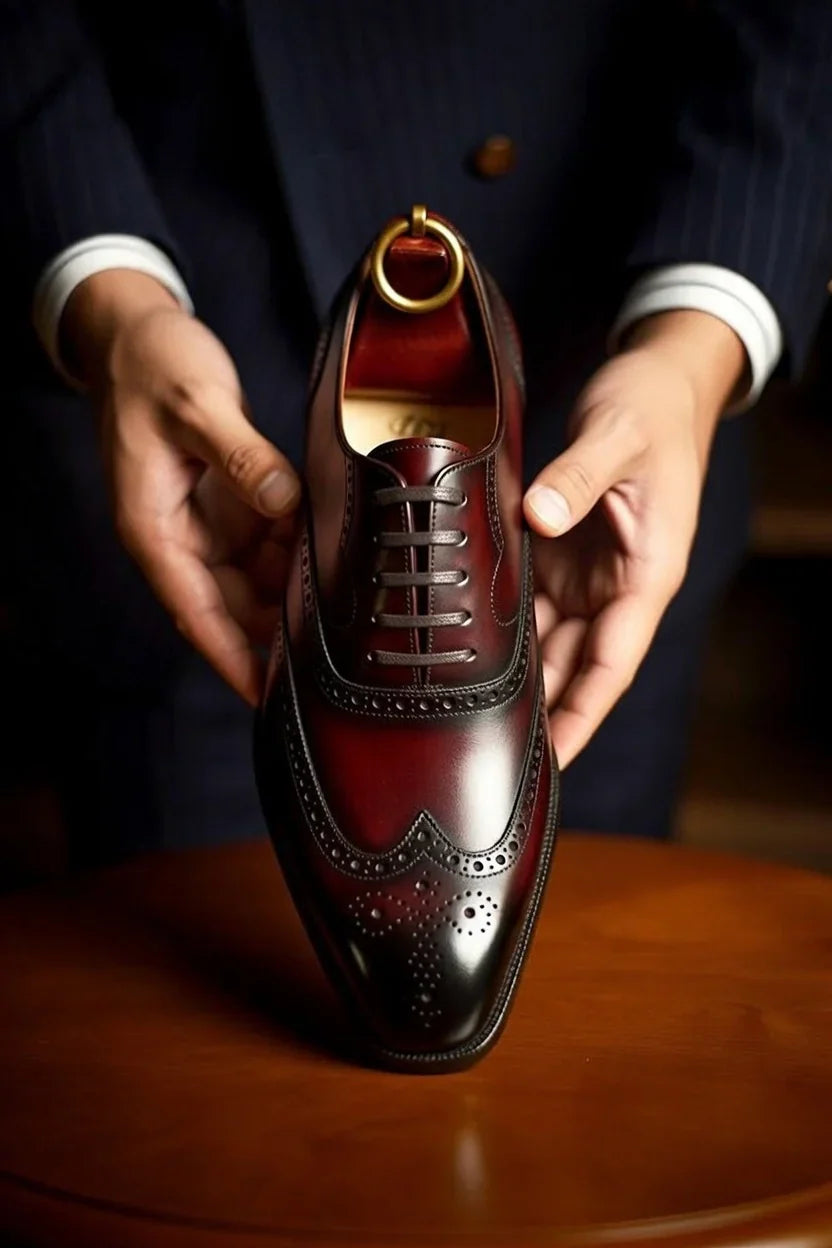 Pellevista Luxury Burgundy Patina Wingtip Brogue Oxford Shoes Men – Gold D-Ring