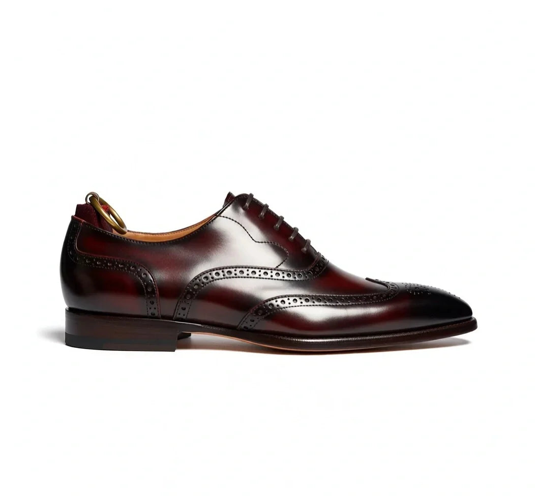 Pellevista Luxury Burgundy Patina Wingtip Brogue Oxford Shoes Men – Gold D-Ring