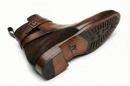 PelleVista Handcrafted Men's Jodhpur Boots | Two-Tone Leather & Suede with Gold Buckle