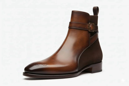 PelleVista Handcrafted Men's Jodhpur Boots | Two-Tone Leather & Suede with Gold Buckle