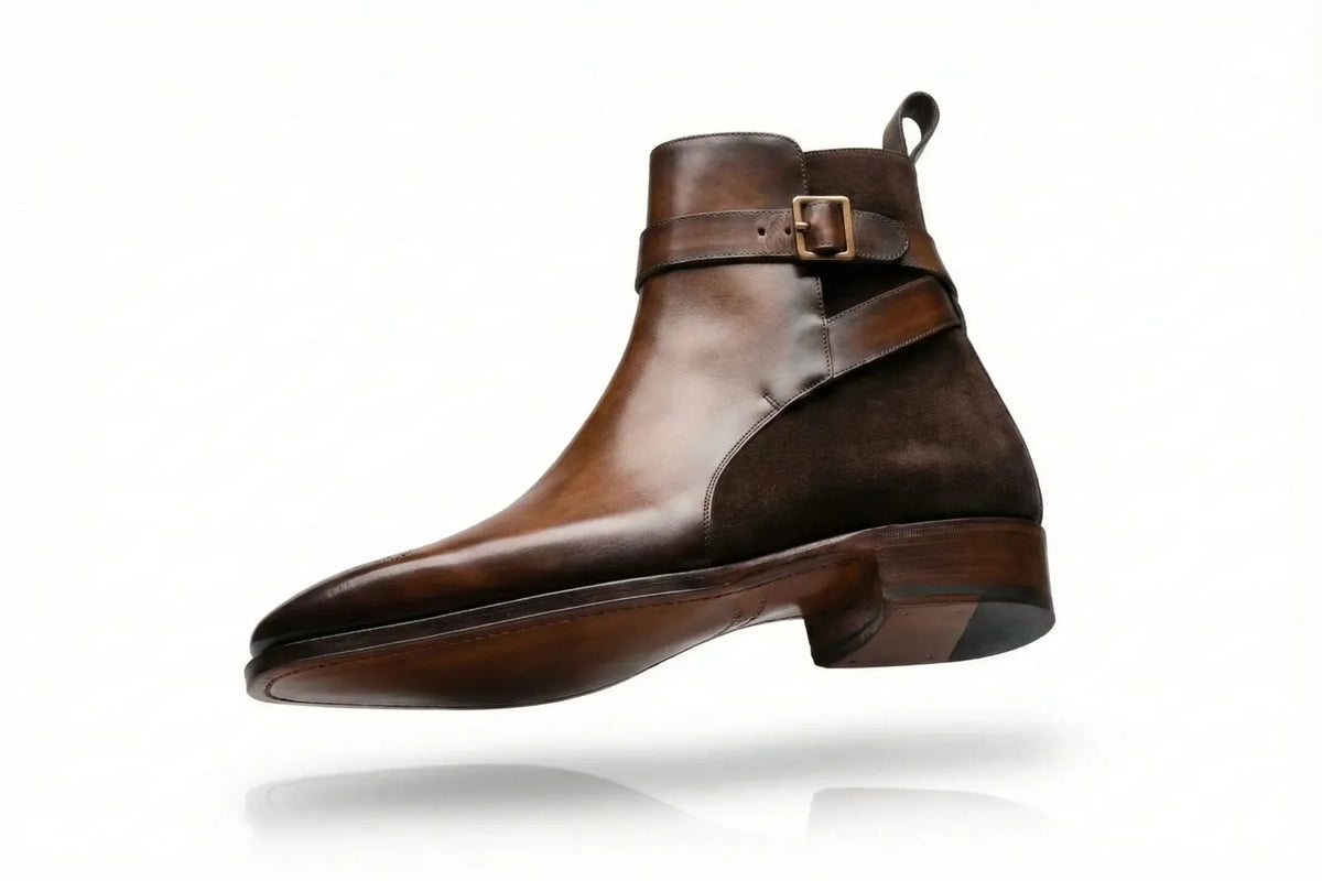 PelleVista Handcrafted Men's Jodhpur Boots | Two-Tone Leather & Suede with Gold Buckle