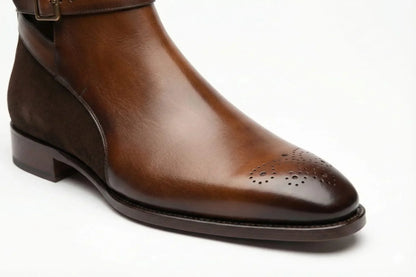 PelleVista Handcrafted Men's Jodhpur Boots | Two-Tone Leather & Suede with Gold Buckle