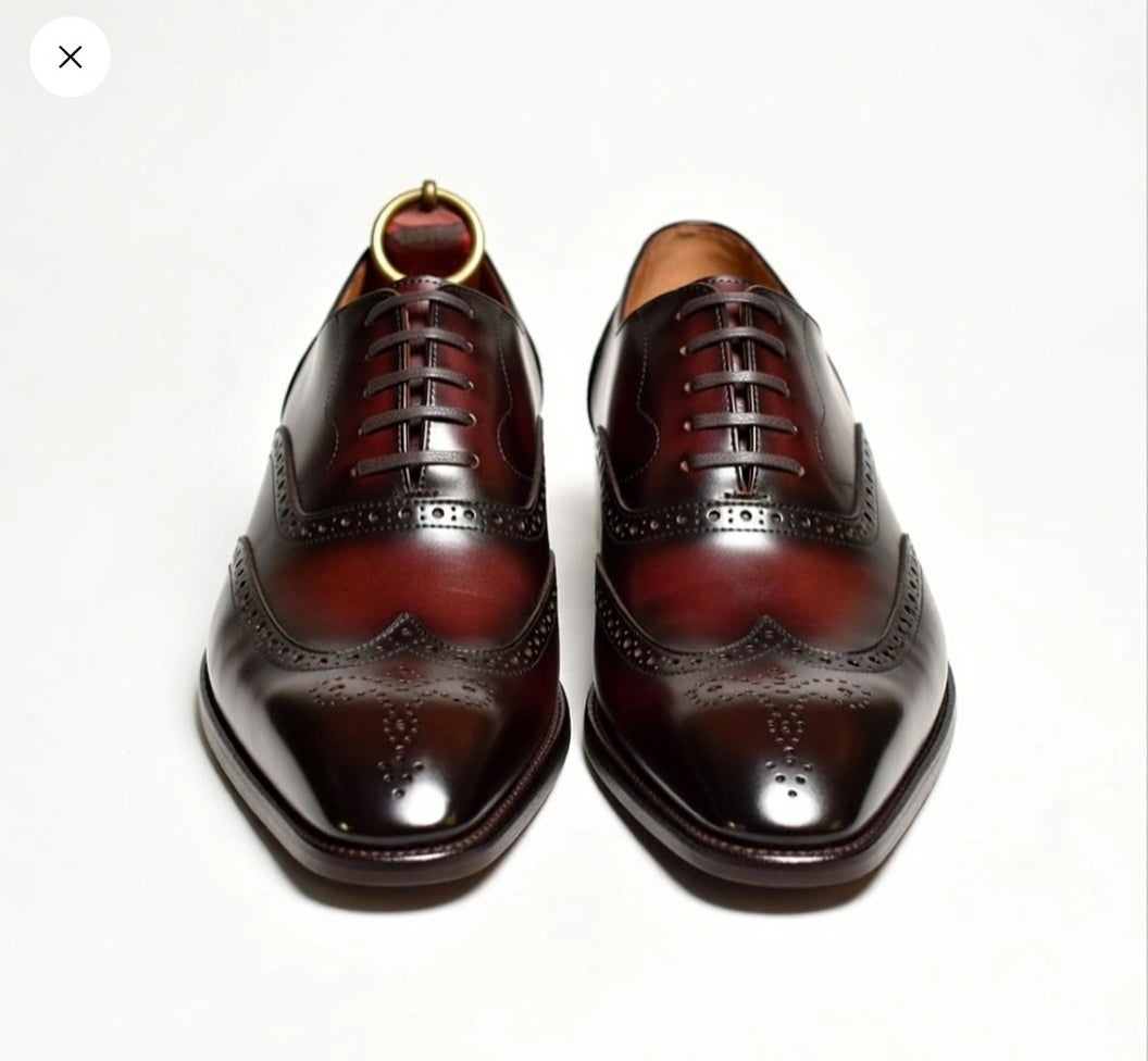 Pellevista Luxury Burgundy Patina Wingtip Brogue Oxford Shoes Men – Gold D-Ring
