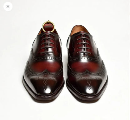 Pellevista Luxury Burgundy Patina Wingtip Brogue Oxford Shoes Men – Gold D-Ring