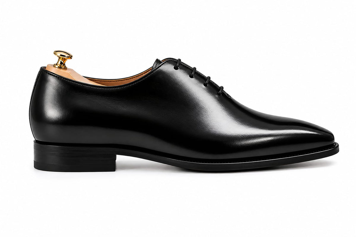 Black Wholecut Oxford Shoes — Handmade, Red Leather Sole | PelleVista