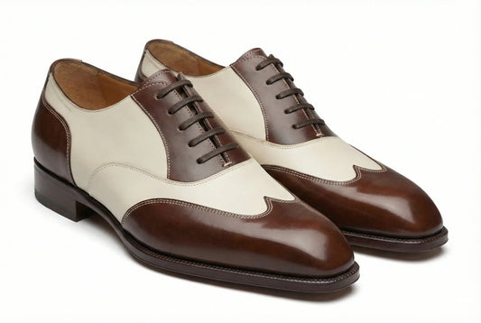 PelleVista Men’s Spectator Wingtip Oxfords – Brown & White Two-Tone Handmade Leather Dress Shoes