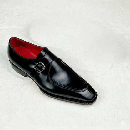 Pellevista Men's Black Leather Monk Strap Dress Shoes — Red Sole