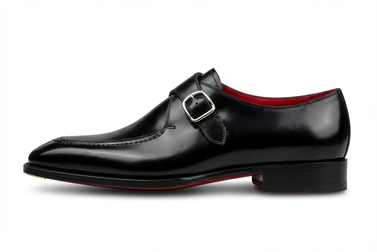 Black Leather Monk Strap Dress Shoes - Handcrafted Red Sole