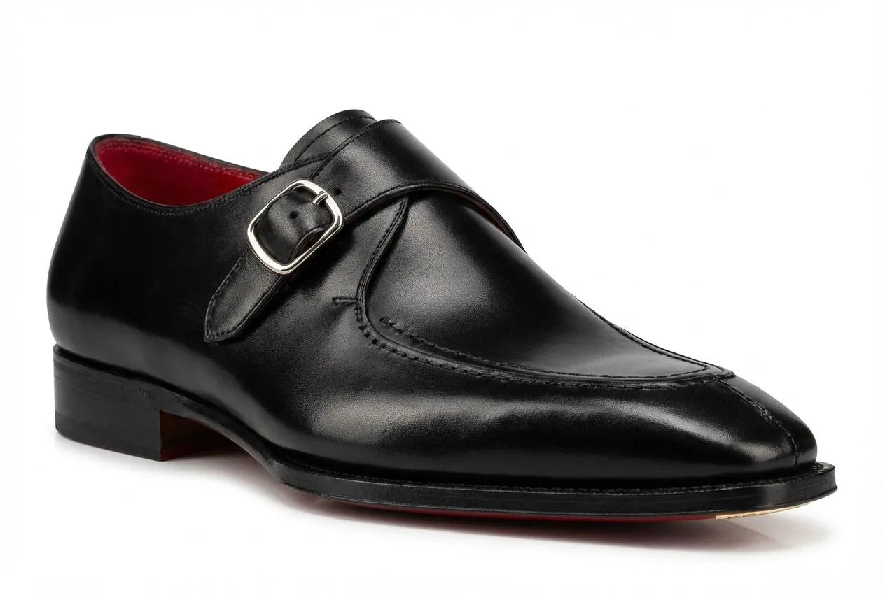Black Leather Monk Strap Dress Shoes - Handcrafted Red Sole | PelleVista Black Leather Monk Strap Dress Shoes - Handcrafted Red Sole | PelleVista