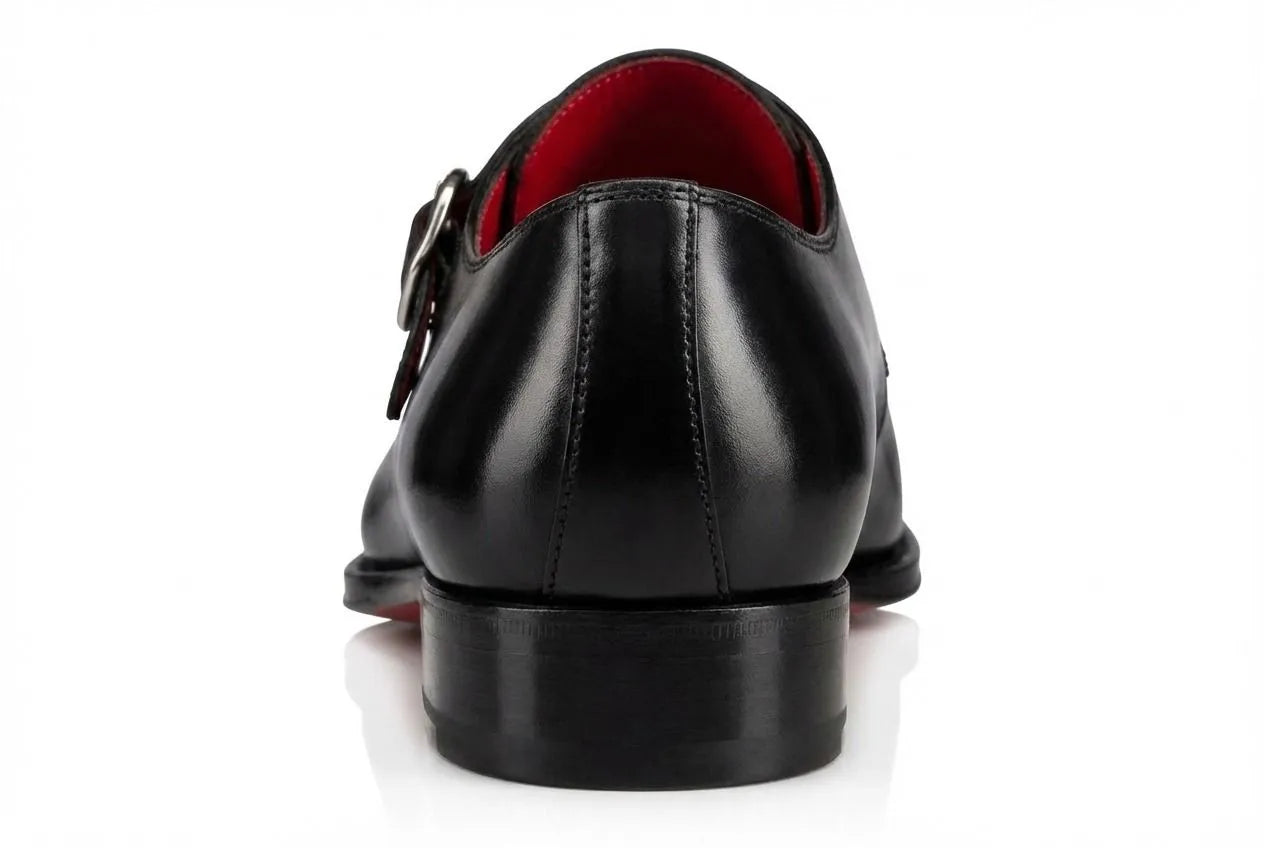 Black Leather Monk Strap Dress Shoes - Handcrafted Red Sole