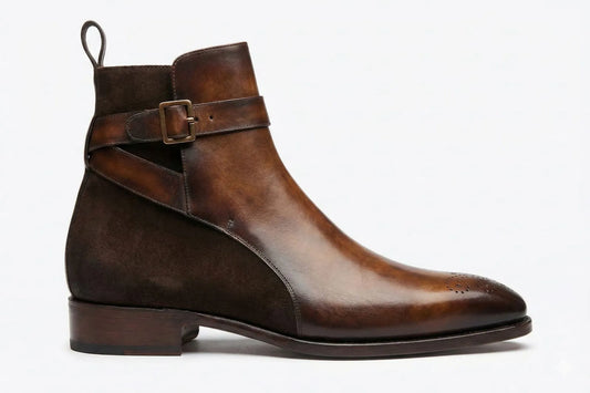 PelleVista Handcrafted Men's Jodhpur Boots | Two-Tone Leather & Suede with Gold Buckle