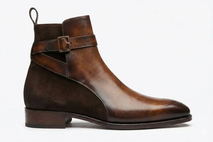 PelleVista Handcrafted Men's Jodhpur Boots | Two-Tone Leather & Suede with Gold Buckle