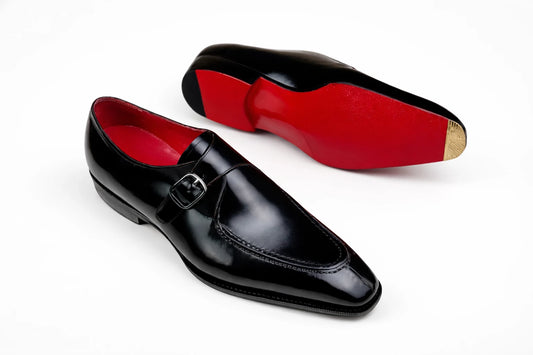 Pellevista Men's Black Leather Monk Strap Dress Shoes — Red Sole